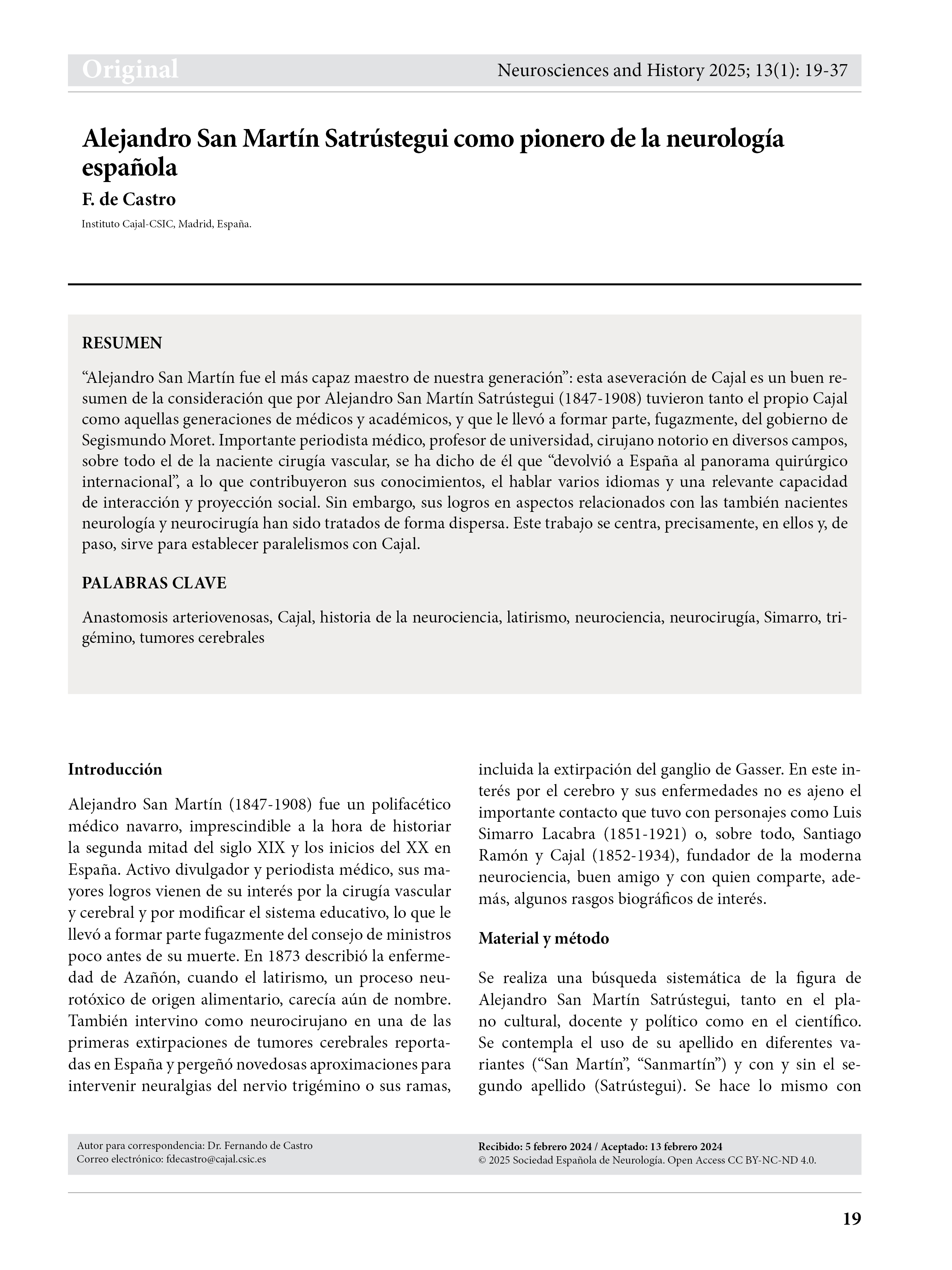 Alejandro San Martín Satrústegui como pionero de la neurología española
