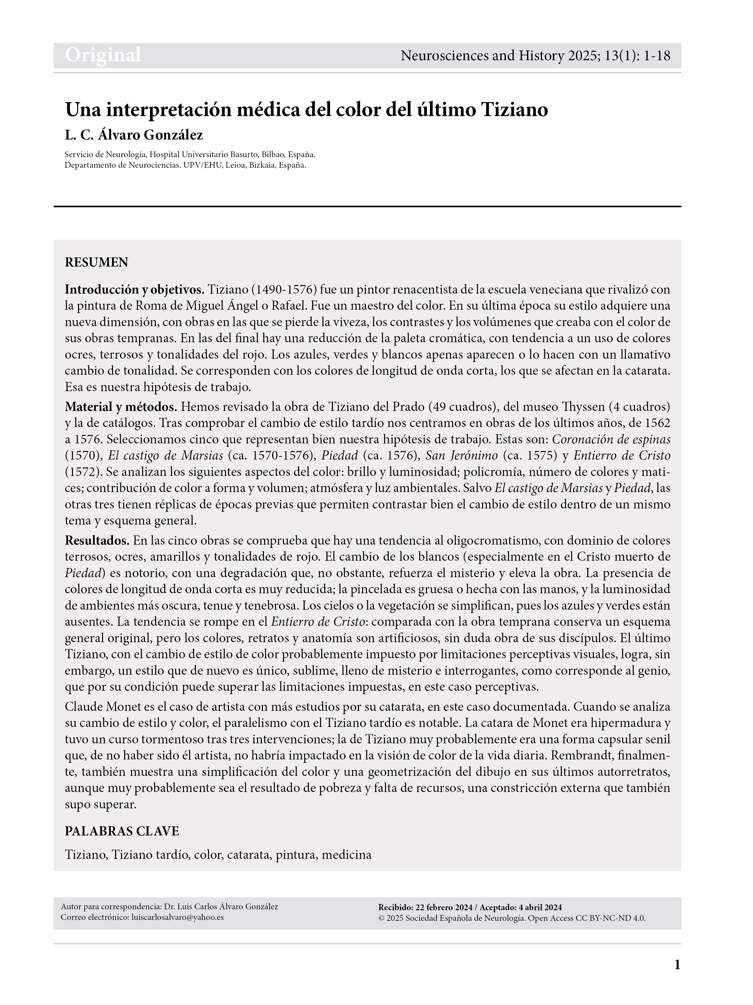 Una interpretación médica del color del último Tiziano