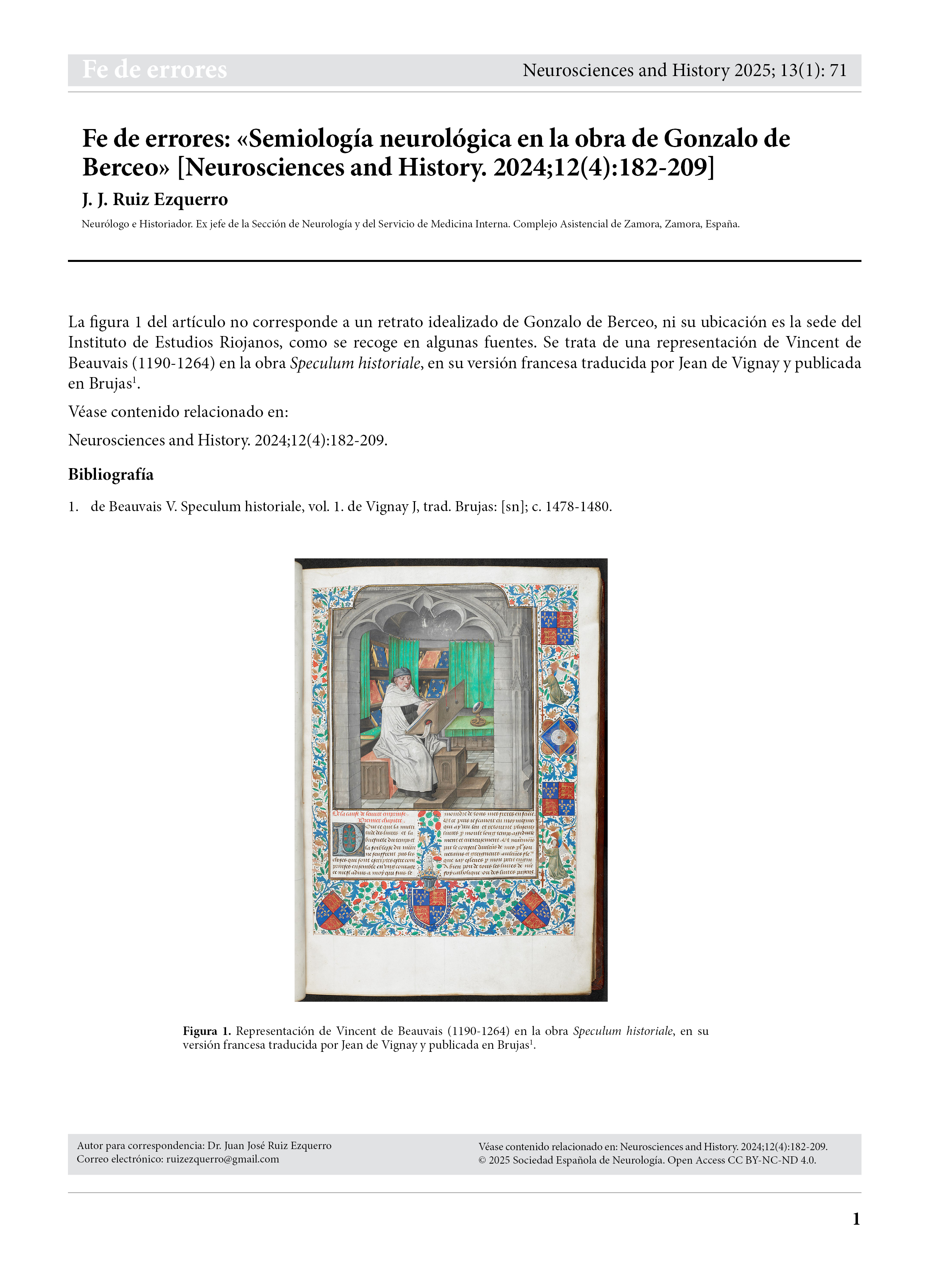 Fe de errores: «Semiología neurológica en la obra de Gonzalo de Berceo» [Neurosciences and History. 2024;12(4):182-209]