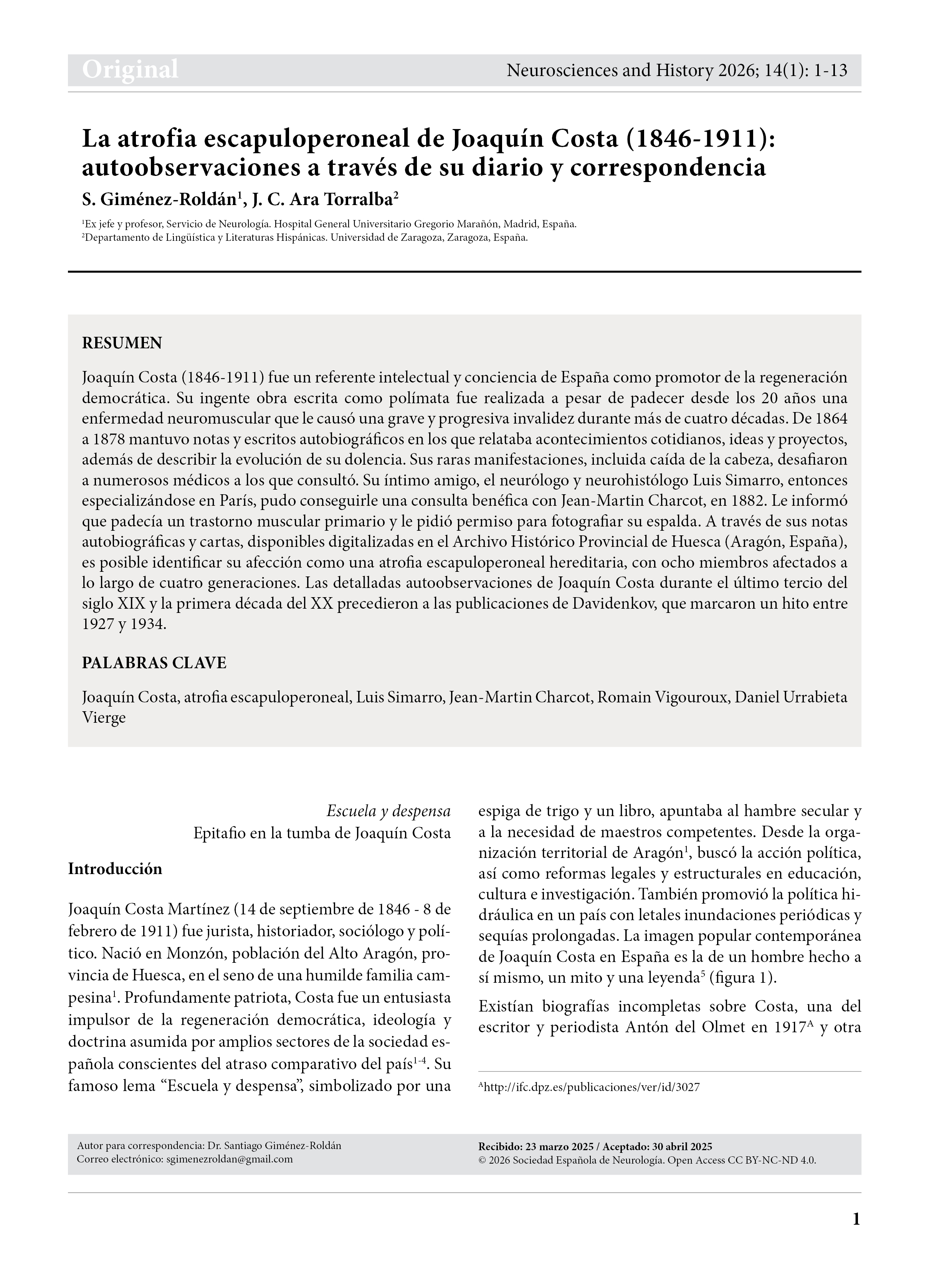 La atrofia escapuloperoneal de Joaquín Costa (1846-1911): autoobservaciones a través de su diario y correspondencia